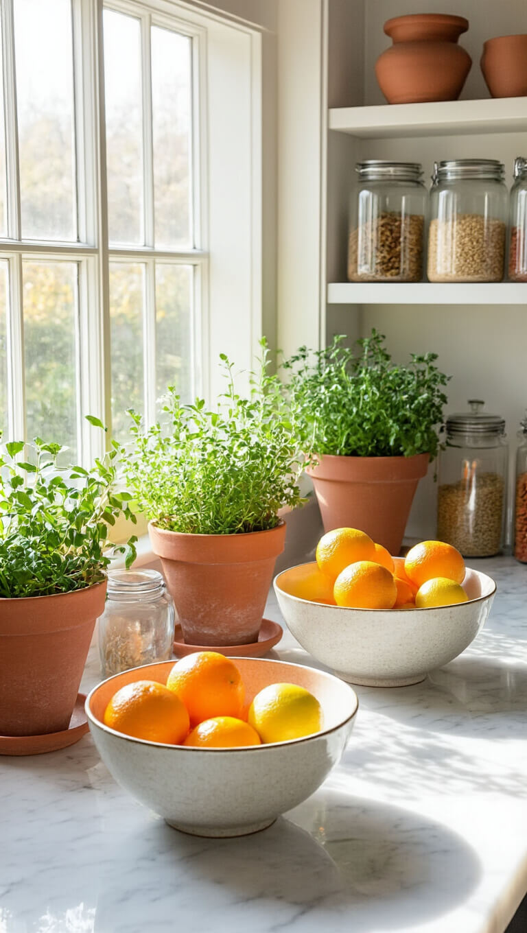 Bright kitchen scene with citrus fruits in ceramic bowls, herbs in terracotta pots on windowsills, and vintage glass canisters on white marble countertops.