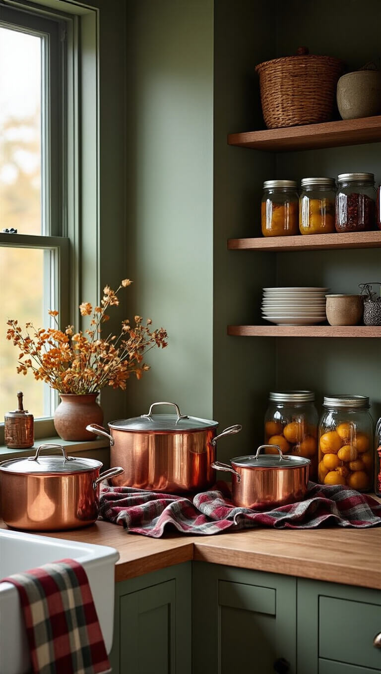 Cozy autumn kitchen corner at blue hour with copper cookware, sage green walls, plaid accents, and shelves lined with colorful preserved goods in mason jars.