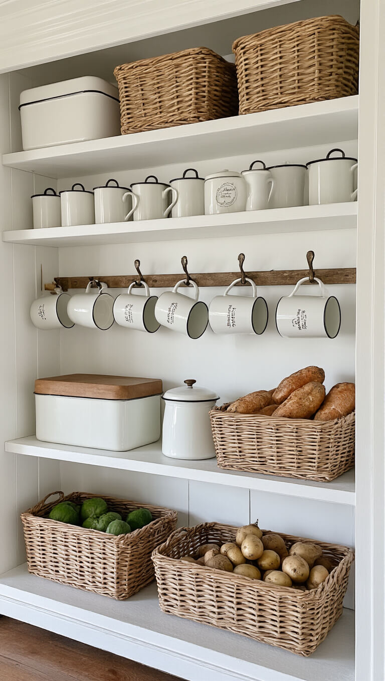 Vintage kitchen storage wall with enamelware mugs, bread boxes, and root vegetables on open white shelves in bright natural light.