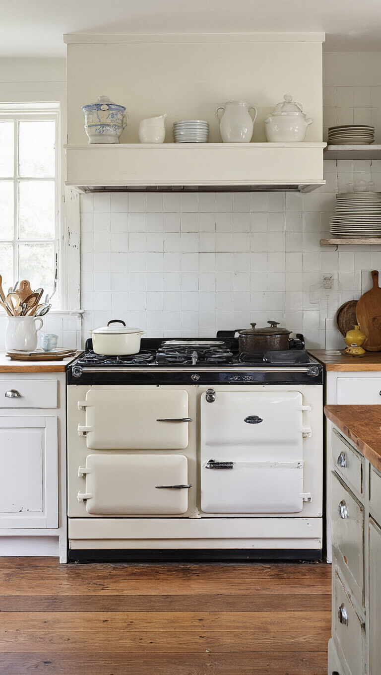 Eye-level view of a late afternoon kitchen blending vintage charm with modern elements, featuring textured antique pieces, chippy painted surfaces, and sleek disguised appliances in soft directional light.