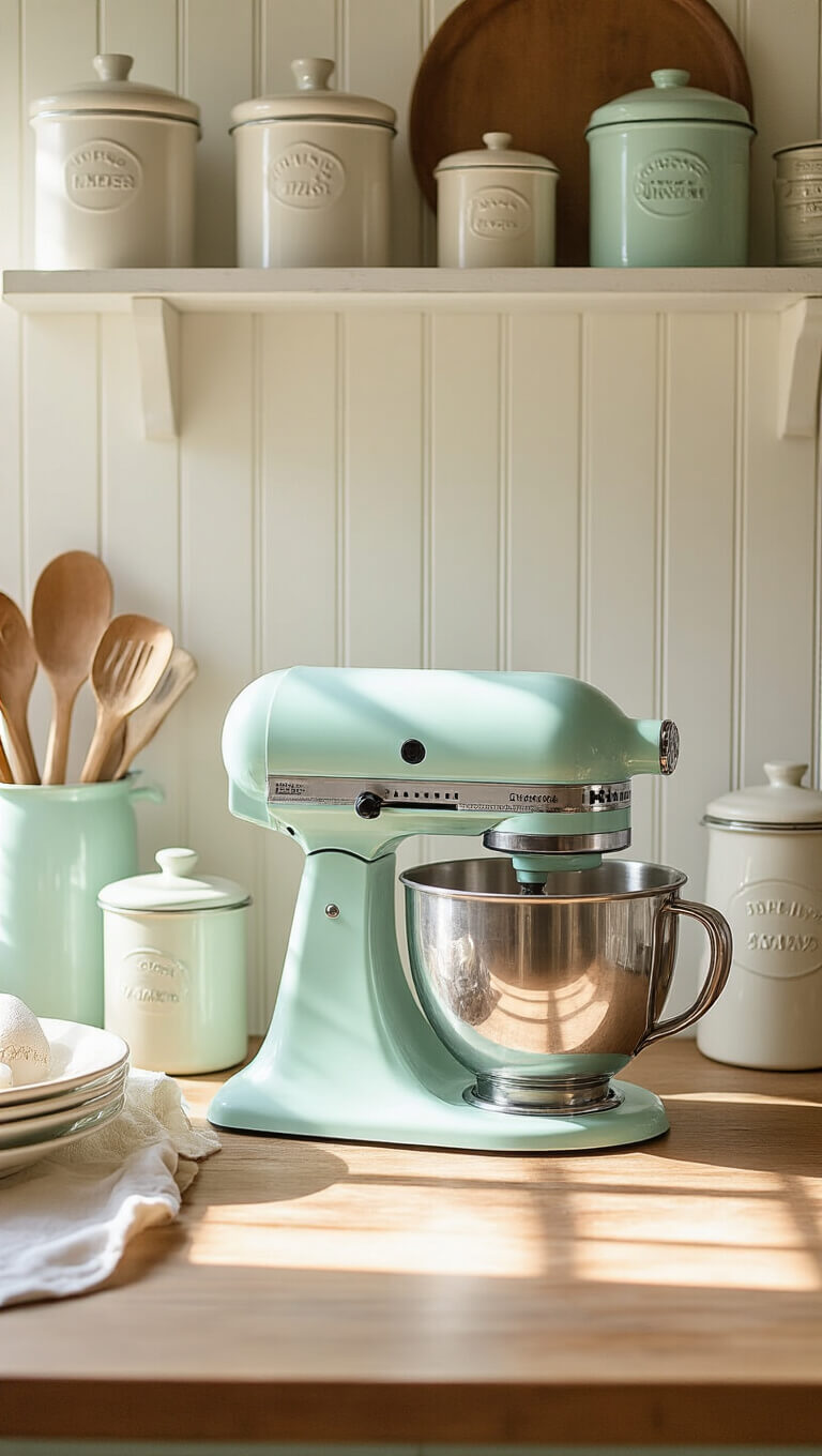 Vintage baking station with pastel stand mixer, matching canisters, and tools illuminated by morning light against a white beadboard backdrop.