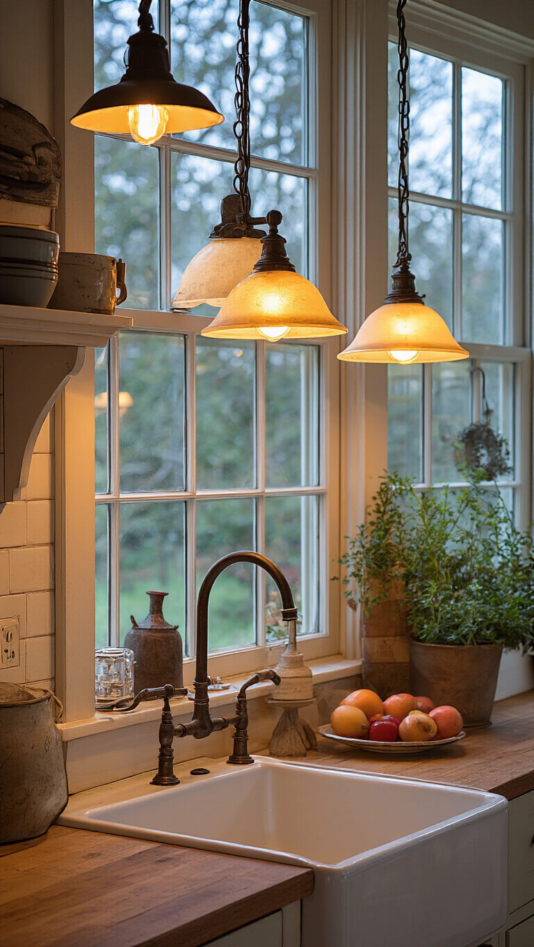 Vintage-inspired kitchen at dusk with warm pendant lighting over a farmhouse sink and subtle uplighting accentuating architectural and display features.