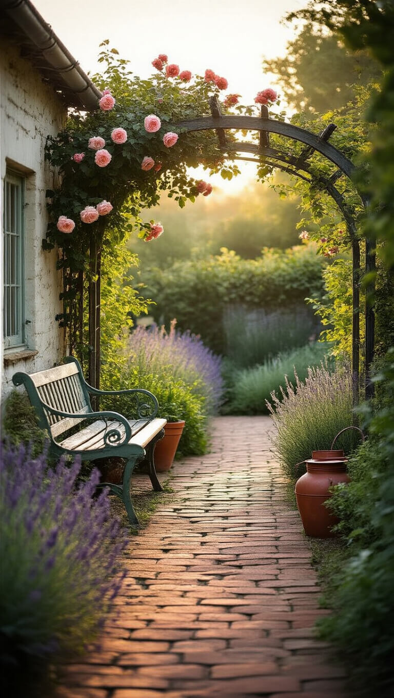 Low-angle view of a sunlit cottage garden with a brick path leading to a rose-covered wrought-iron arbor, surrounded by lavender, foxgloves, vintage planters, and a weathered mint-green bench.