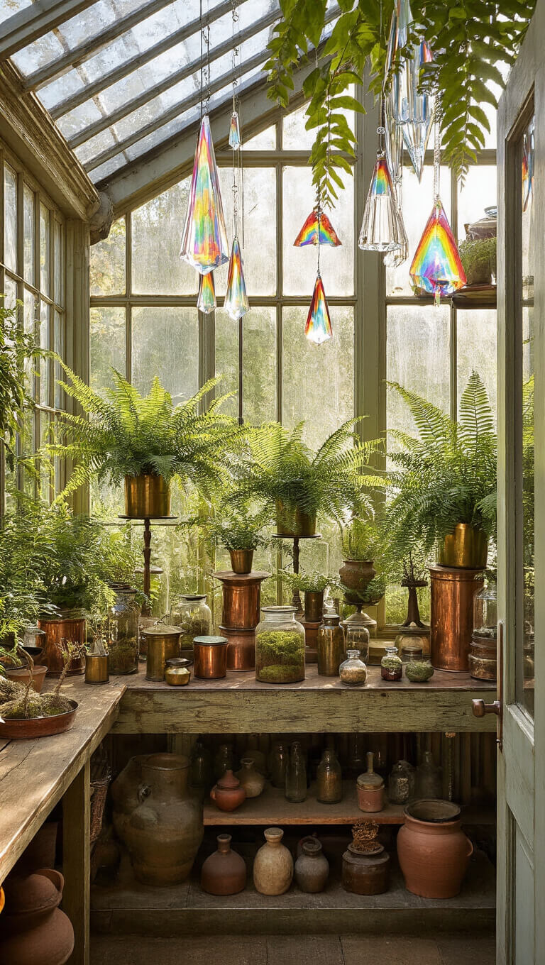 Victorian-style greenhouse with morning light, vintage plant stands holding ferns in brass and copper pots, rainbow reflections from crystal prisms, antique bottles on metal shelves, and moss-covered terrariums on a worn wooden bench.