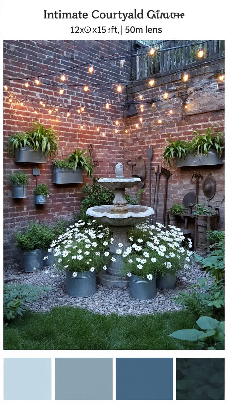 Blue hour view of a cozy 12x15ft courtyard garden with a limestone bird bath centerpiece, surrounded by white cosmos and silver artemisia in galvanized containers, under string lights and framed by brick walls adorned with staghorn ferns and vintage tools.