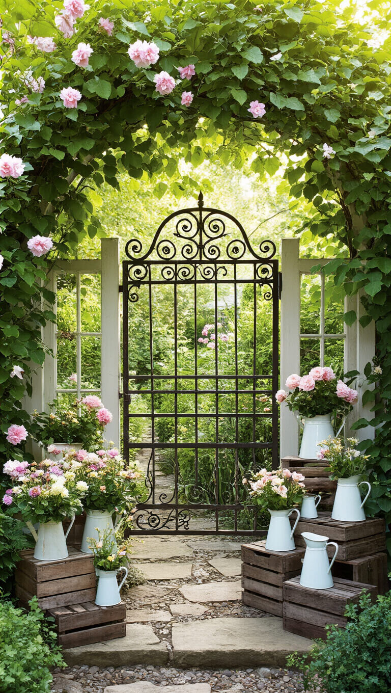Victorian garden gate with climbing clematis in sunlit garden nook, surrounded by antique mirrors, wooden crates with plants, and vintage enamel pitchers of flowers.