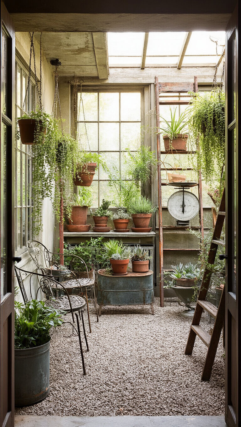 Late afternoon garden room with mismatched vintage metal chairs, trailing plants on old ladders, succulent-filled vintage scales, and distressed zinc planters along gravel paths.