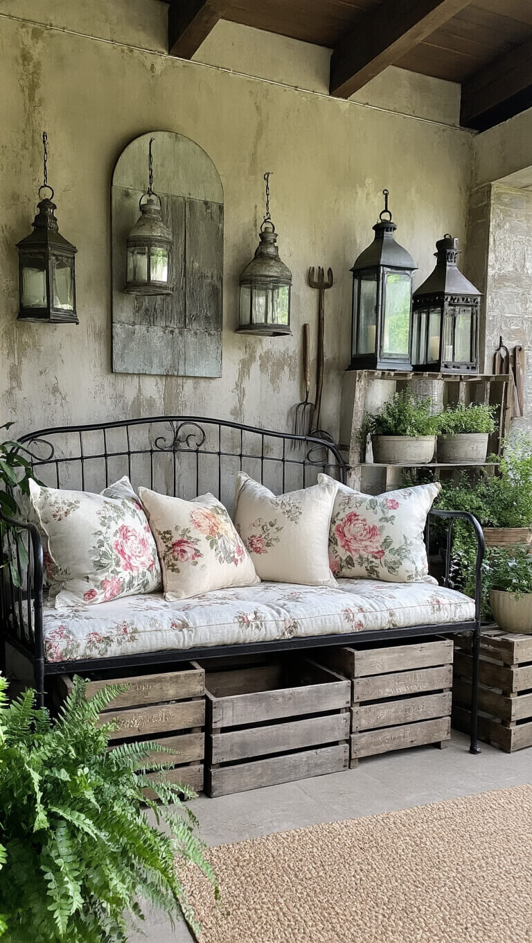 Moody twilight patio with vintage cast iron daybed, floral cushions, mercury glass lanterns, crate plant displays, and antique garden tools on distressed walls.