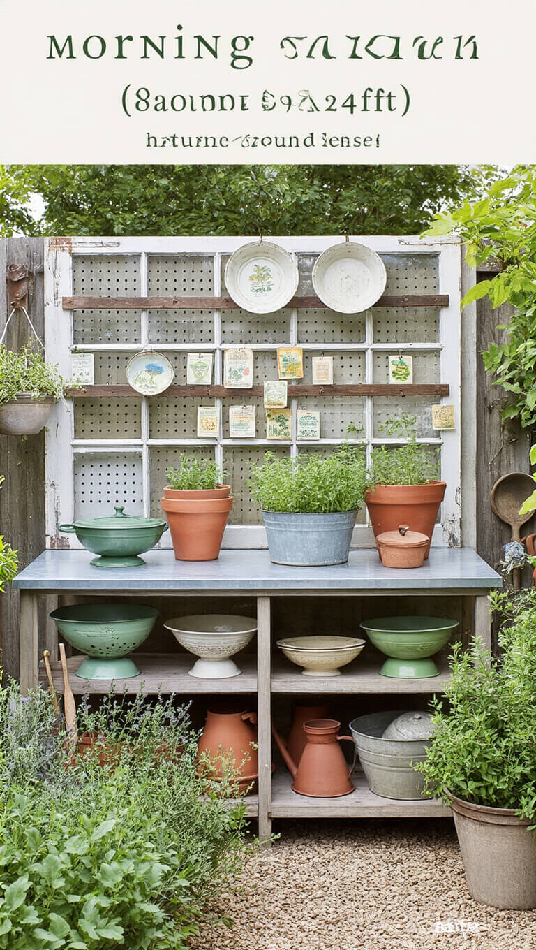 Ground-level view of a morning kitchen garden with a central zinc-top potting table displaying vintage seed packets and clay pots, surrounded by reclaimed window-frame herb drying racks, enamelware colanders of fresh harvest, and antique garden tools on a pegboard, in tones of grey, terracotta, and garden greens.