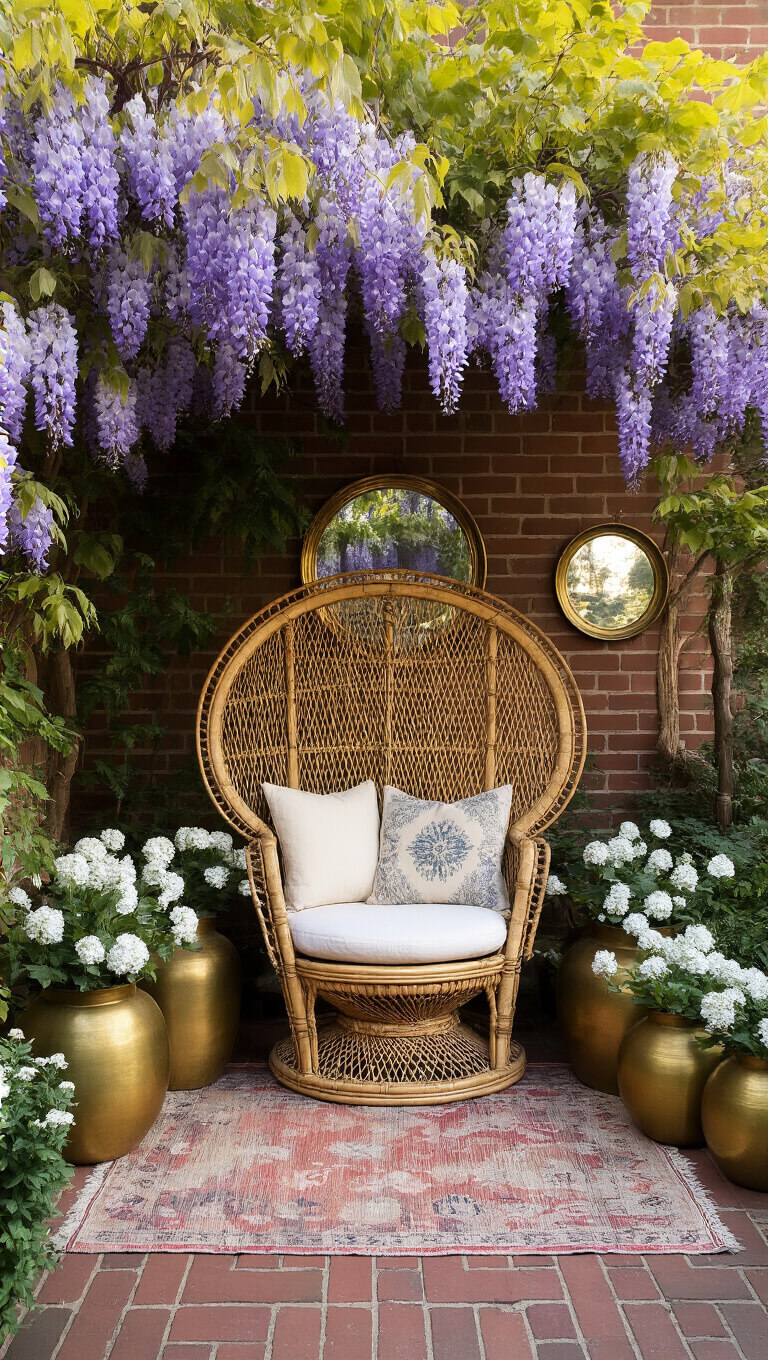 Dreamy sunset reading nook with vintage bamboo peacock chair under wisteria arch, surrounded by brass planters with white flowers, layered kilim rug on brick pavers, and antique mirrors reflecting warm evening light.