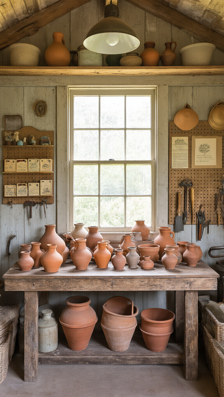 Midday-lit potting shed interior with salvaged wooden worktable, vintage clay pots by patina, antique seed boxes, and weathered tools on pegboard wall.