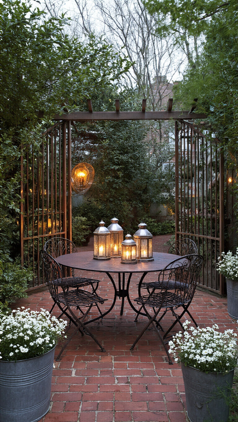 Dusk-lit 20x20ft patio with vintage metal dining set on worn brick, ambient light from mercury glass hurricane lanterns, framed by antique garden gates and galvanized tubs of white flowers.