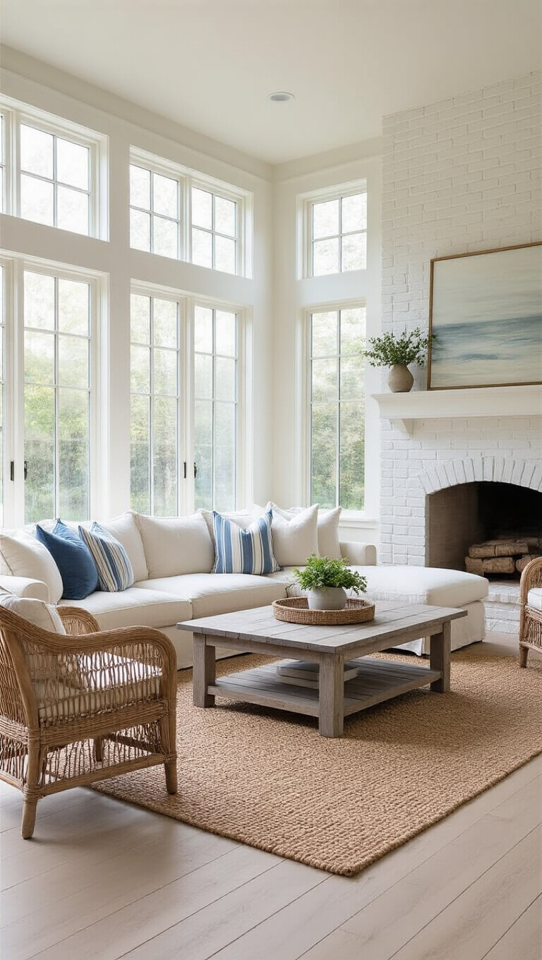 Serene sunlit living room with cream L-sectional, driftwood coffee table, rattan chairs, and floor-to-ceiling windows.