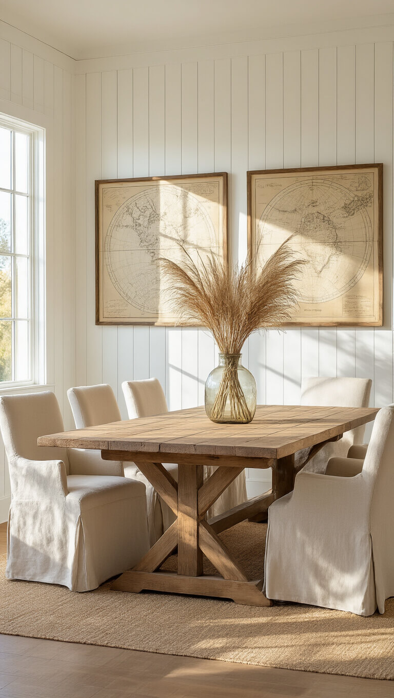 Low-angle view of a sunlit farmhouse dining room with a reclaimed wood table, slipcovered chairs, and coastal decor, bathed in golden hour light.