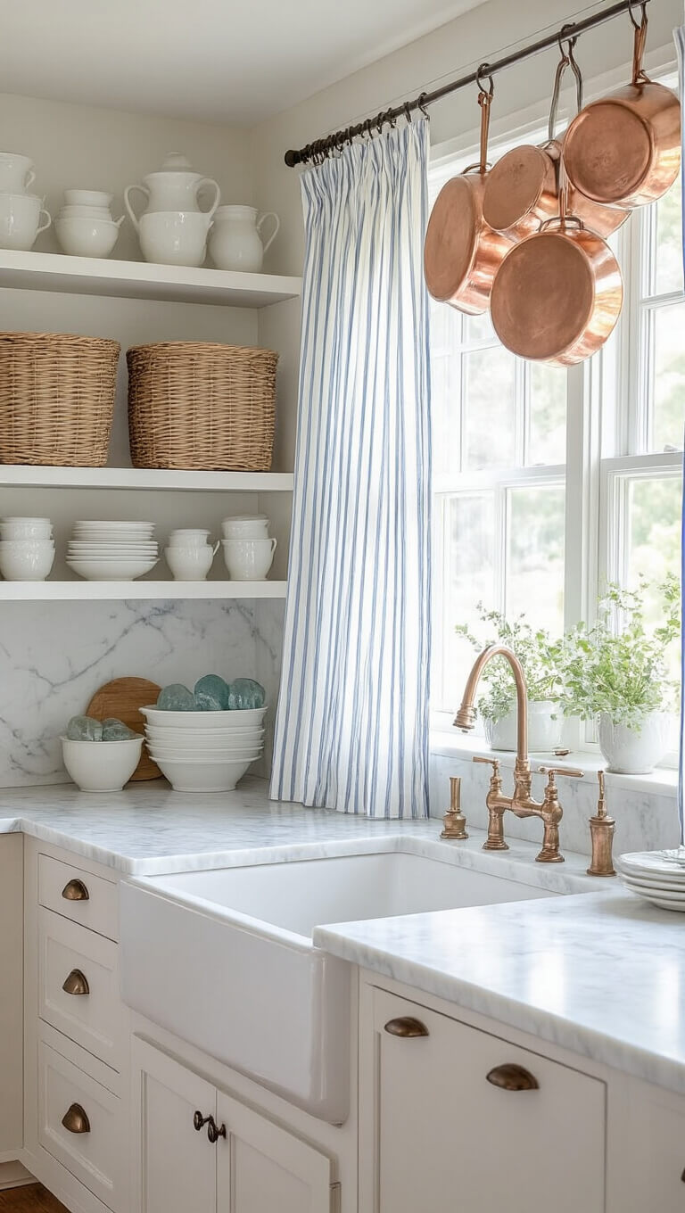 Close-up of modern farmhouse kitchen with marble countertops, white shaker cabinets, and soft morning light highlighting textured decor like ironstone, sea glass, and copper pots.