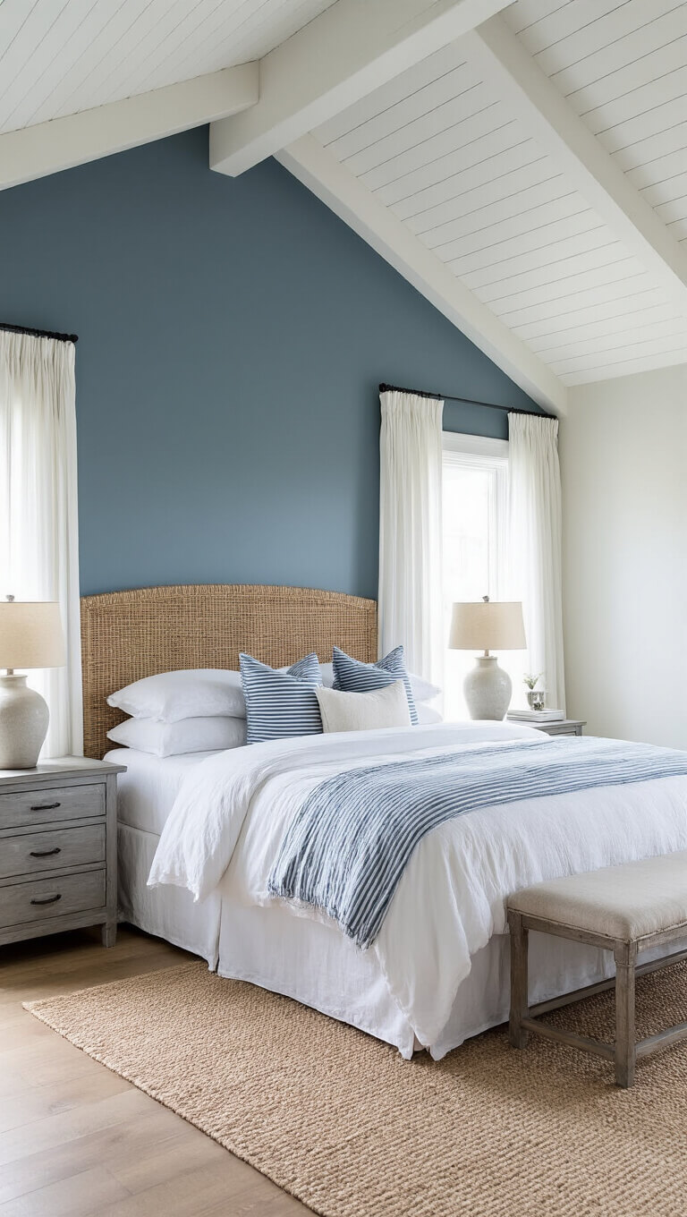 Coastal master bedroom with king bed, seagrass headboard, blue-gray accent wall, vaulted ceiling with white beams, and dawn light through sheer curtains.