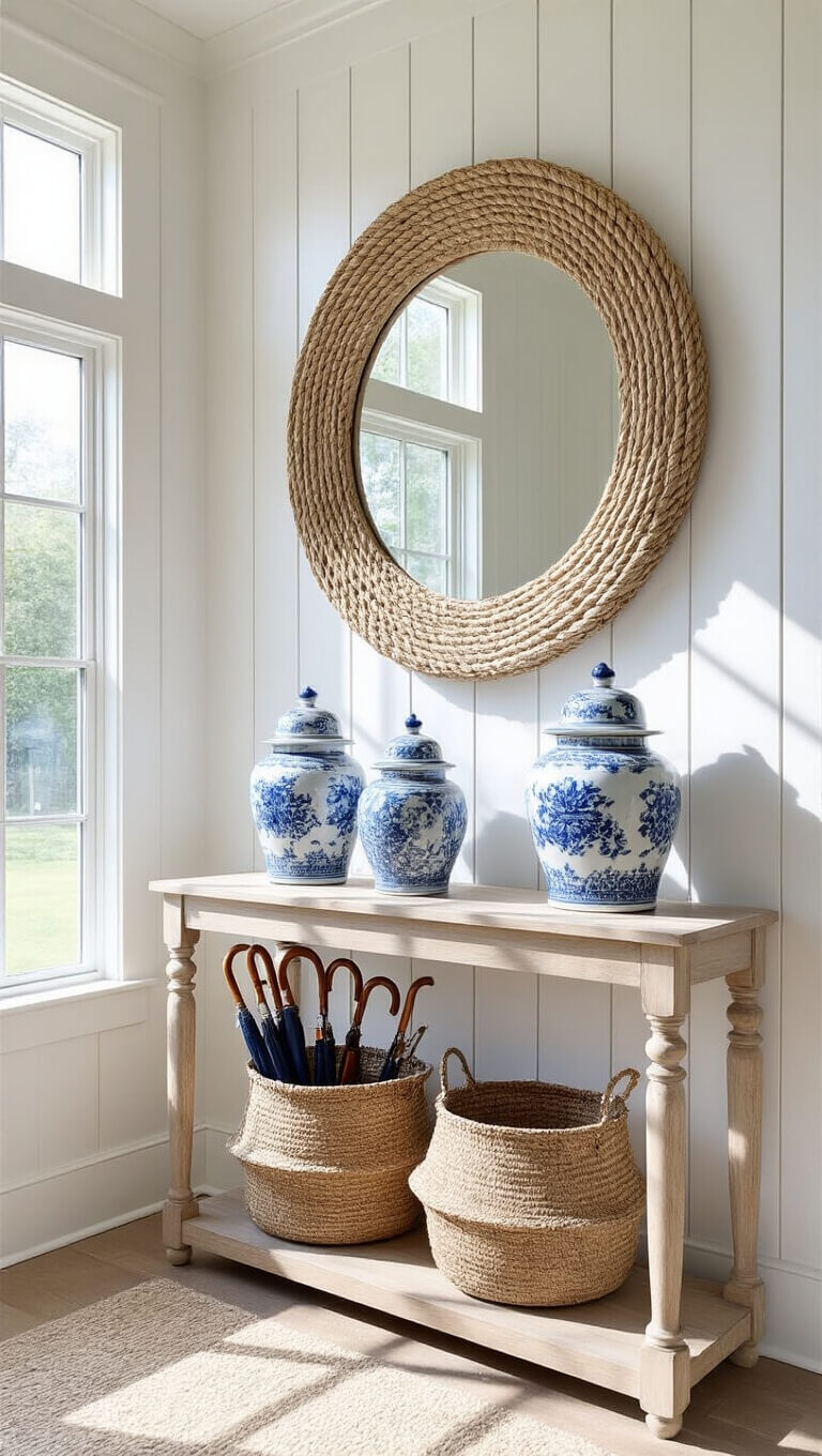 Bright white entry hall with board and batten walls, vintage oak console table, blue and white ginger jars, round rope mirror, and woven umbrella basket in afternoon light.
