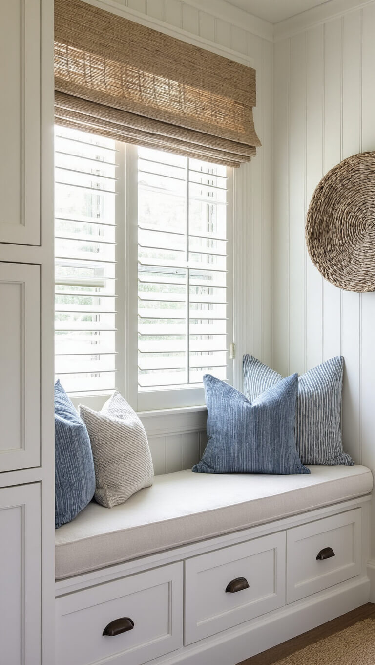 Cozy built-in window seat nook with white cushions, blue pillows, and soft morning light through plantation shutters.