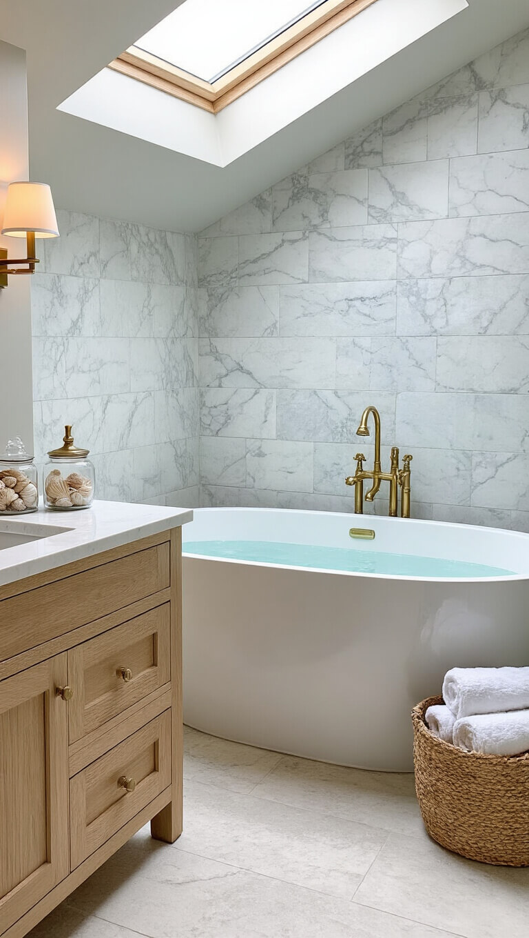 Freestanding soaking tub in spa-like bathroom with marble tile wall, skylight, white oak vanity, and serene decorative accents.