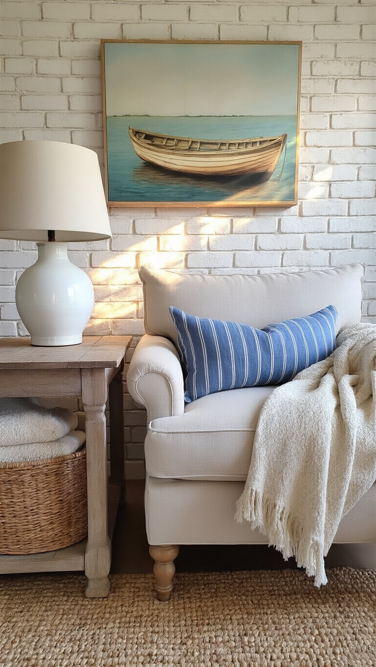 Cozy reading corner with oversized linen armchair, blue striped pillow, whitewashed brick wall, and warm afternoon light.