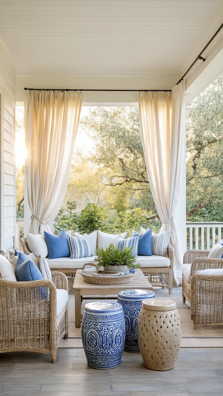 12x20ft covered porch at golden hour with white ceiling, weathered teak furniture, cream cushions, blue striped pillows, ceramic garden stools, and potted olive trees in woven baskets, showcasing indoor-outdoor flow and casual elegance.