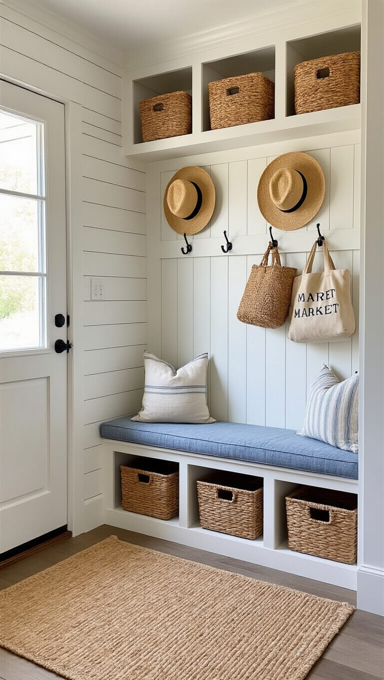 Organized 6x10ft mudroom with white shiplap lockers, numbered hooks holding straw hats and market bags, blue ticking stripe bench cushion, woven storage baskets, and natural light from glass door.
