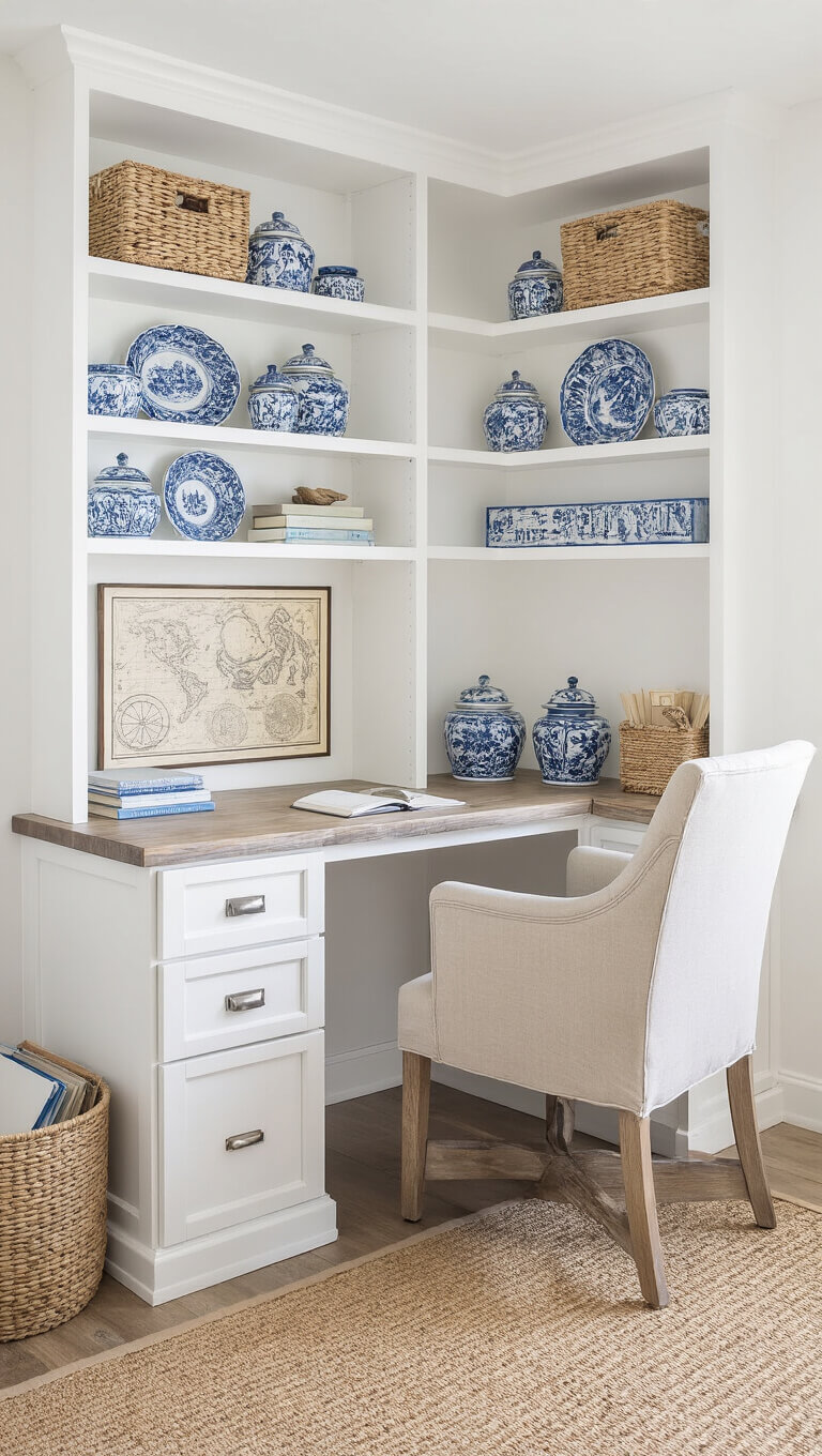 Home office corner with weathered wood desk, linen chair, built-in white shelves displaying blue and white ceramics, coastal map artwork, and seagrass file basket in diffused afternoon light.