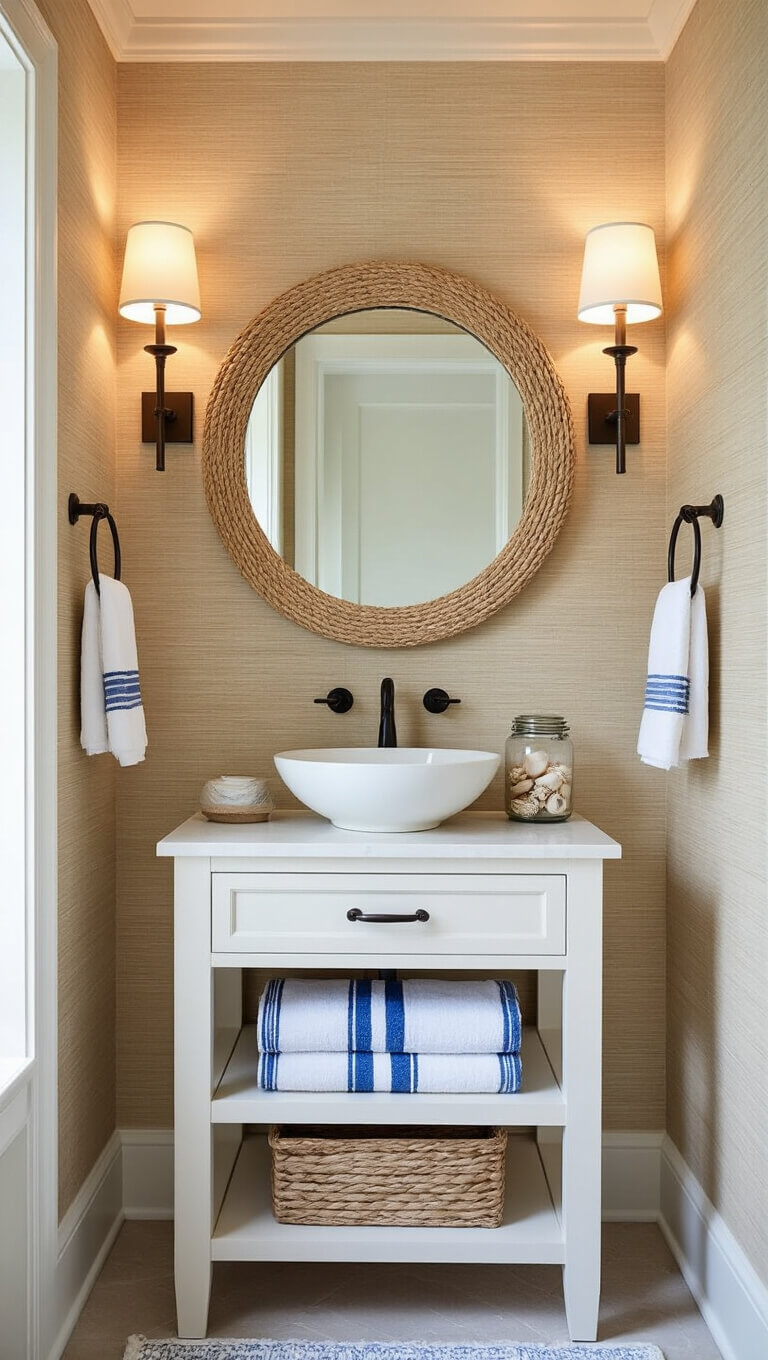Elegant powder room vignette featuring a floating white oak vanity with vessel sink, round rope mirror, sconce lighting, and coastal decor accents in a compact space.