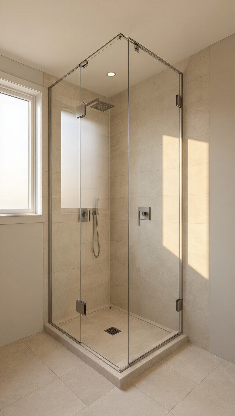 Modern minimalist corner shower with frameless glass panels and ivory porcelain tiles, bathed in golden hour light through a frosted window.