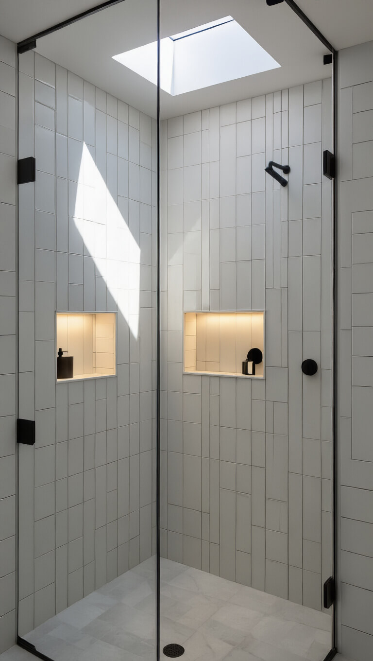 Modern urban shower with white vertical tiles, matte black fixtures, and natural skylight casting shadows.
