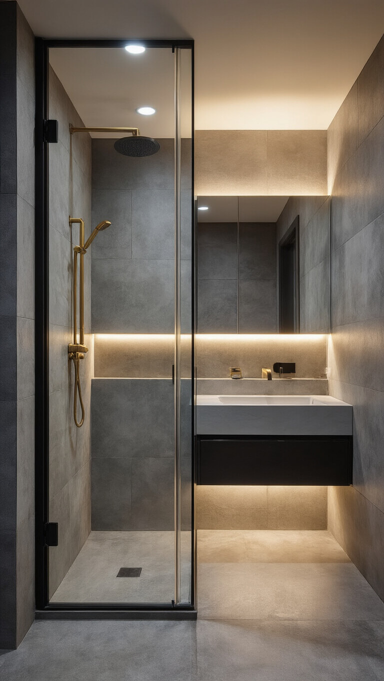 Neo-angle glass shower in modern 7x7ft bathroom with warm gray concrete-look tiles, floating vanity with LED lighting, and mixed metallic finishes.