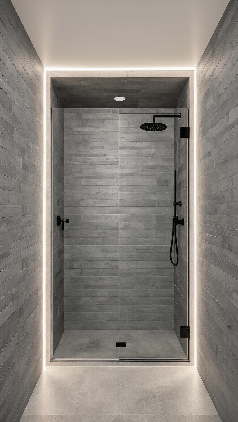 Modern minimalist urban shower with smokey gray vertical tiles, frameless glass panel, matte black hardware, and floating stone shelves, lit by hidden LED strips.