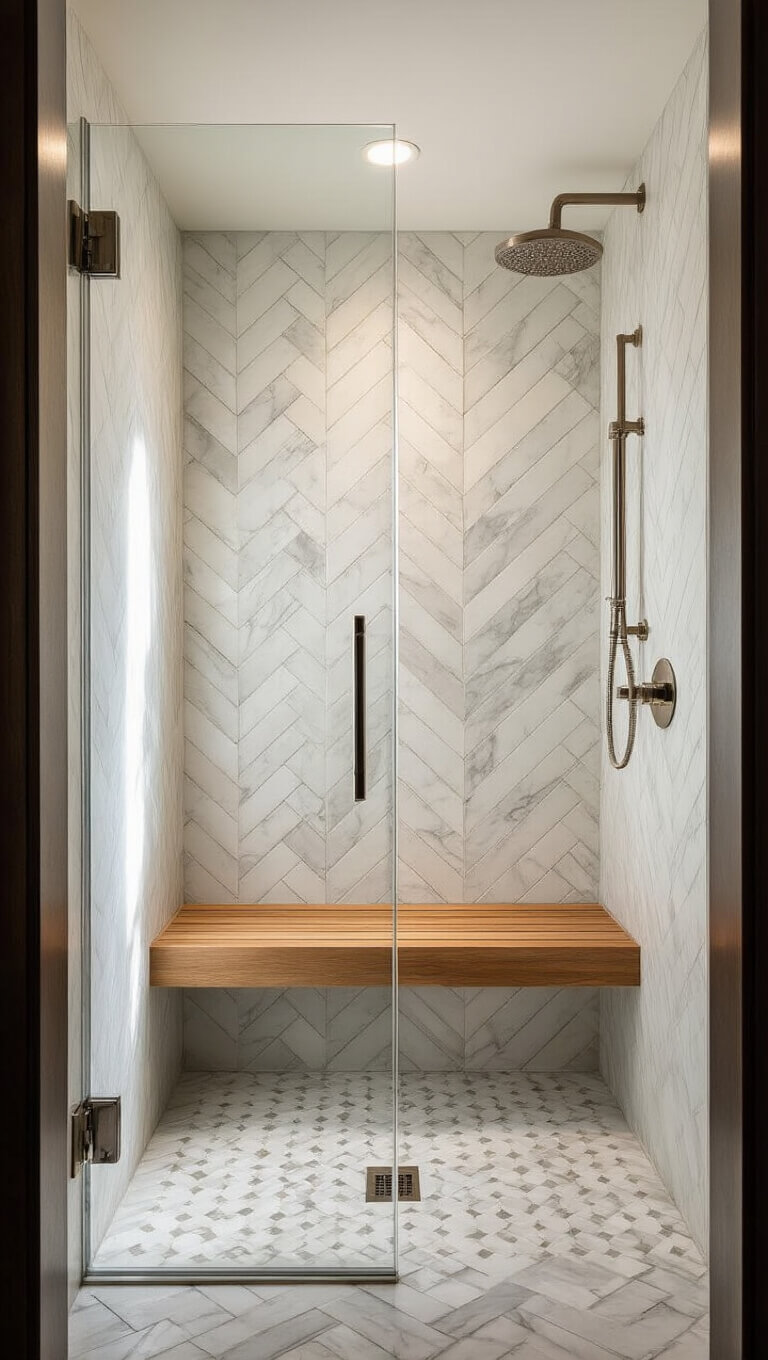 Boutique hotel-style shower with herringbone marble wall, frameless glass panel, teak bench, and geometric floor in soft afternoon light.