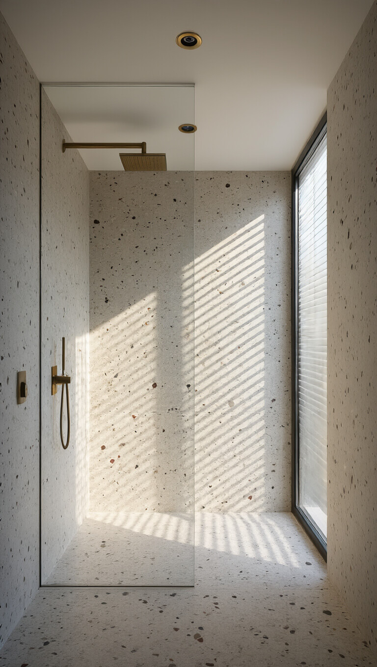 Modern wet room at sunrise with terrazzo-look tiles, floating glass panel, brushed brass hardware, and integrated LED ceiling lighting.