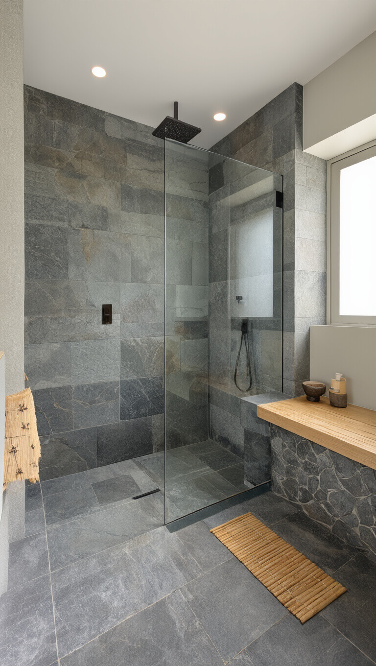 Minimalist Japanese-style shower with slate tile walls, frameless glass, bamboo shelf, and built-in stone bench, softly lit by frosted natural window.