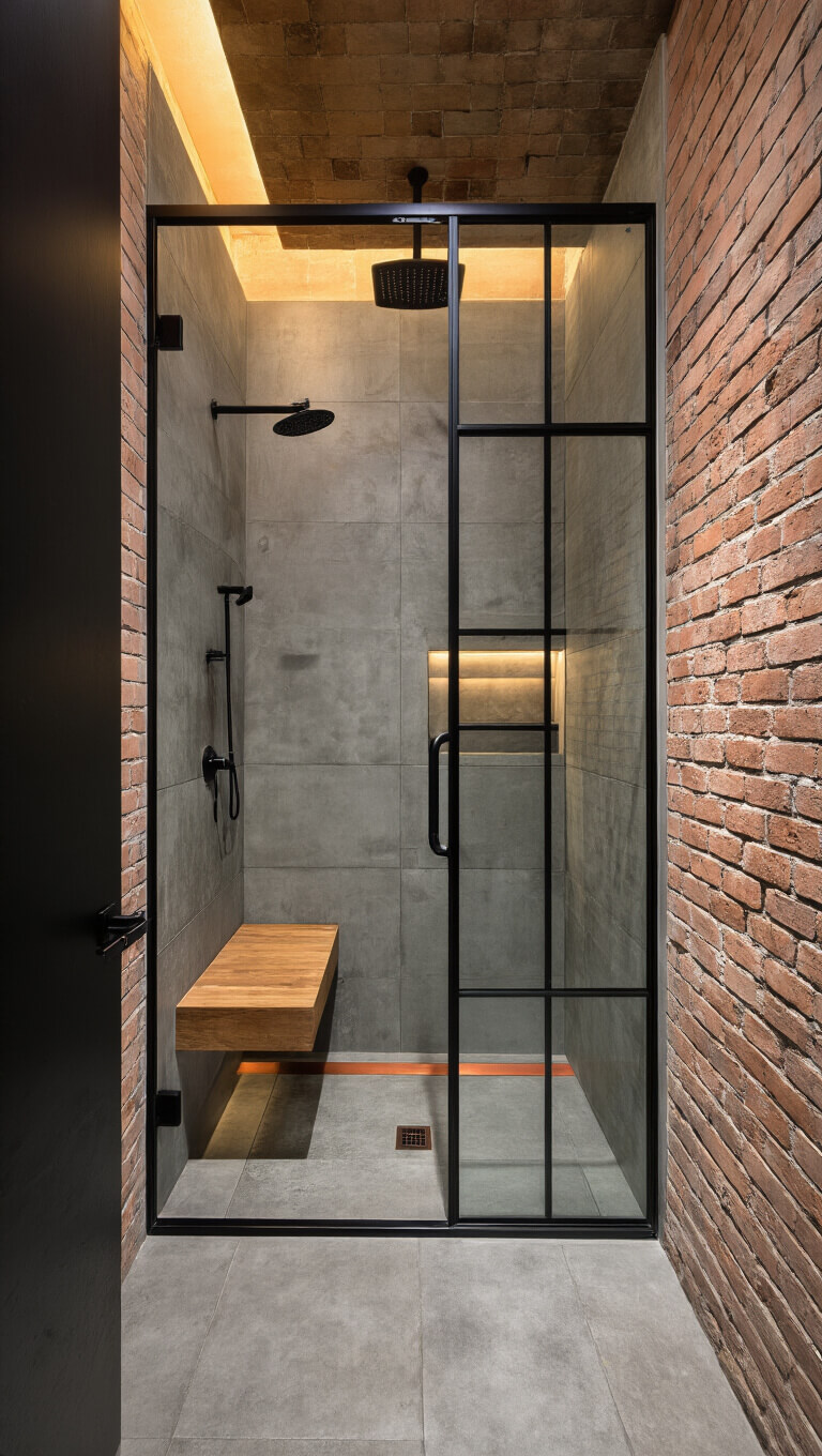 Industrial chic shower with exposed brick, concrete tiles, black-framed glass, and warm moody lighting in a 7x7ft space.