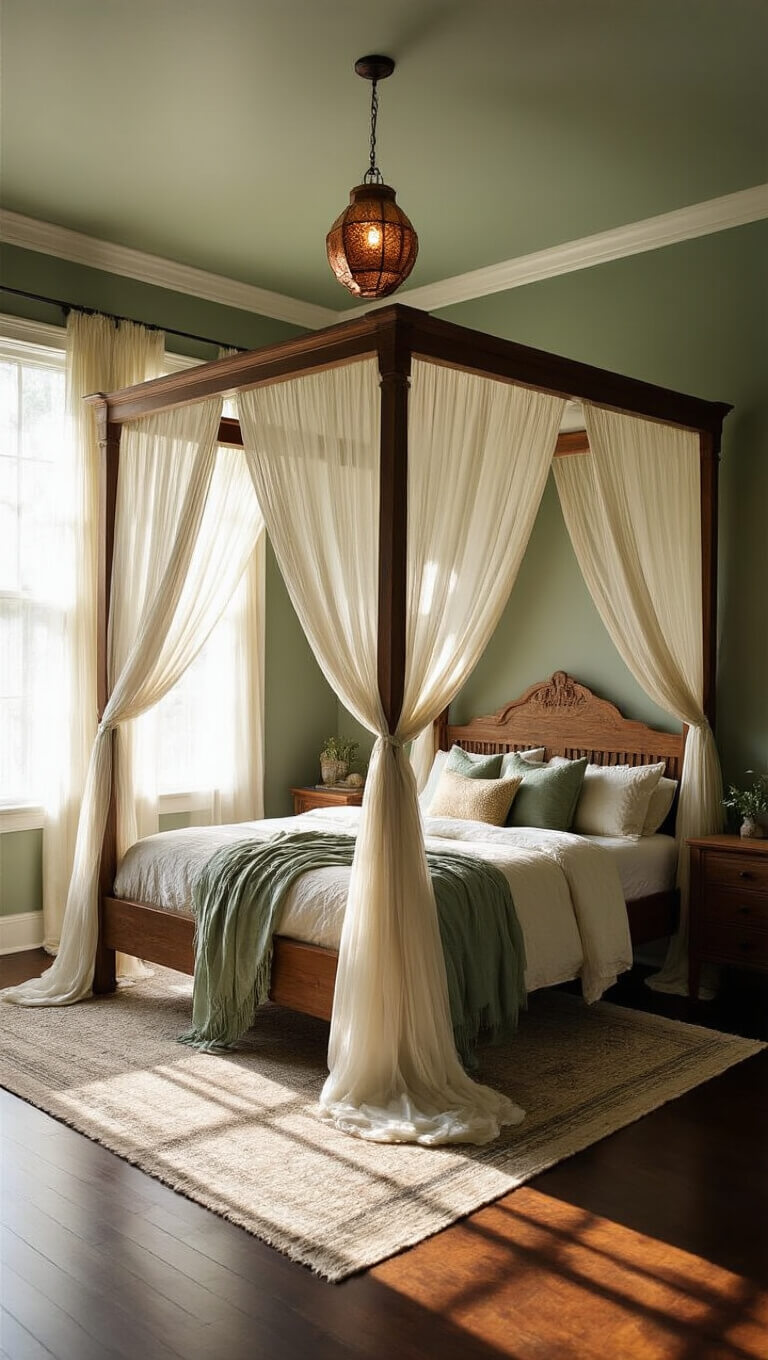 Carved wooden canopy bed draped in ivory and sage fabrics in a forest green bedroom, bathed in golden hour light with dreamy shadows and copper lantern glow.