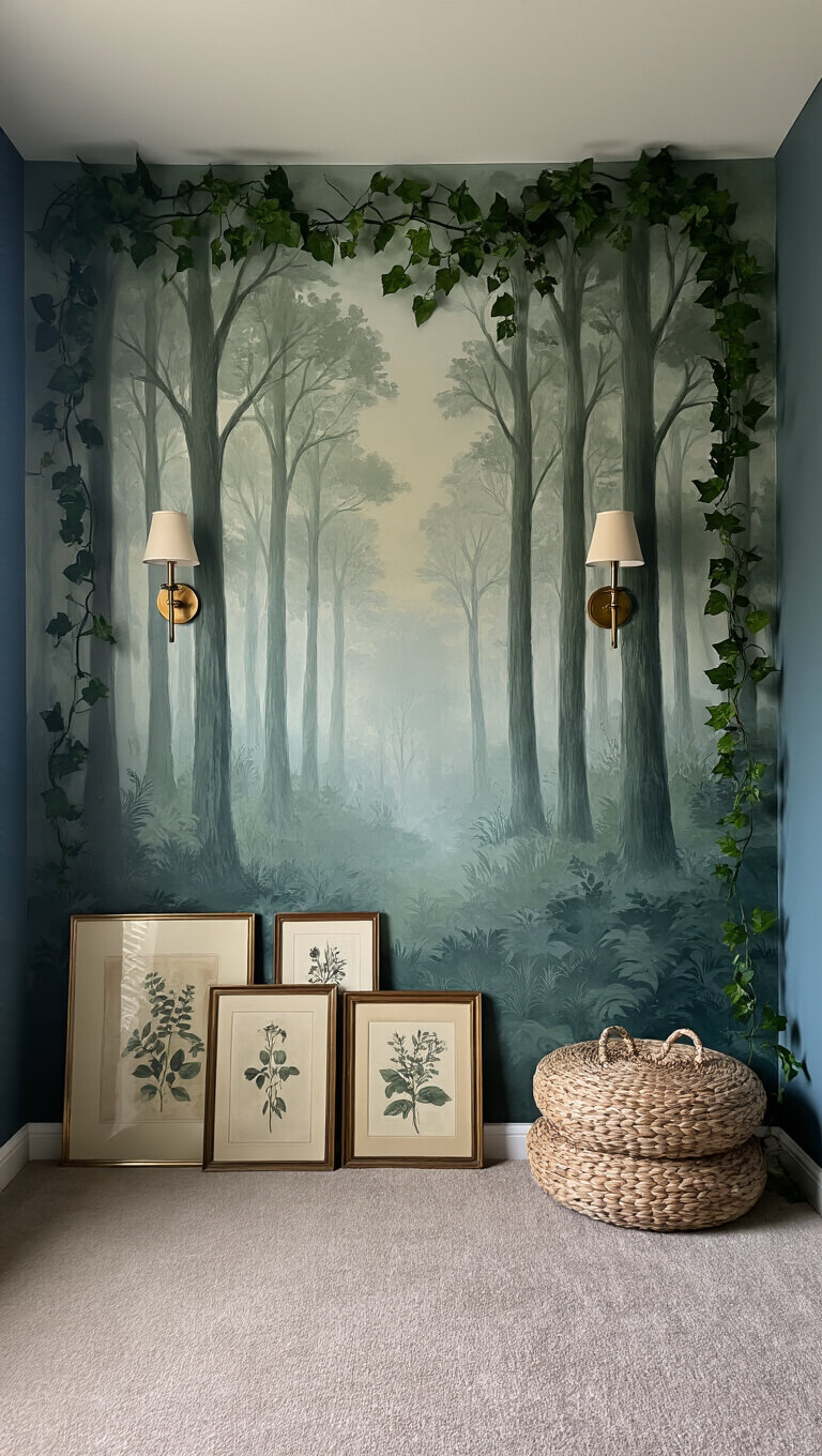 Wide-angle view of a misty forest mural on a bedroom feature wall with silk ivy, brass sconces, and vintage botanical prints, shot at floor level during blue hour.