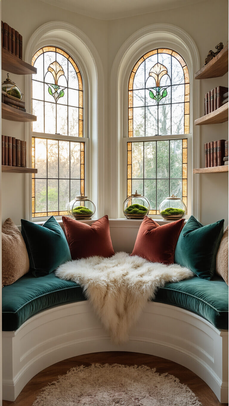 Cozy bay window reading nook at dawn with velvet cushions, faux fur throws, stained glass, and floating shelves holding books and brass terrariums.