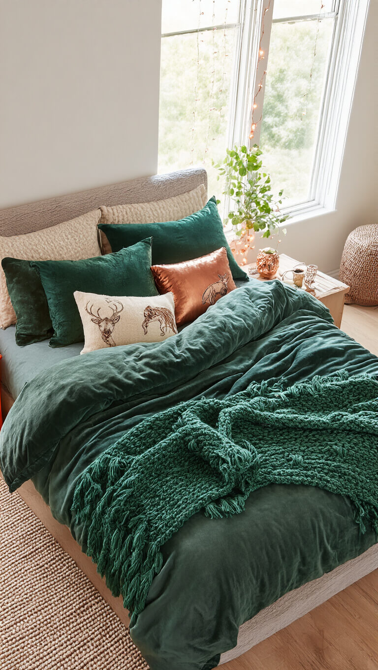 Overhead view of a queen-sized bed with emerald velvet duvet, moss green chunky knit throws, embroidered woodland creature pillows, and metallic copper cushions, softly lit by natural window light and copper string lights.