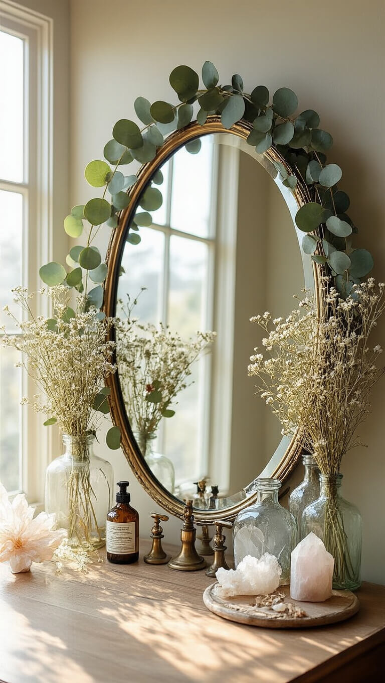 Art deco vanity with oval mirror framed by eucalyptus and wildflowers, vintage bottles, crystals, and brass accents in morning light.