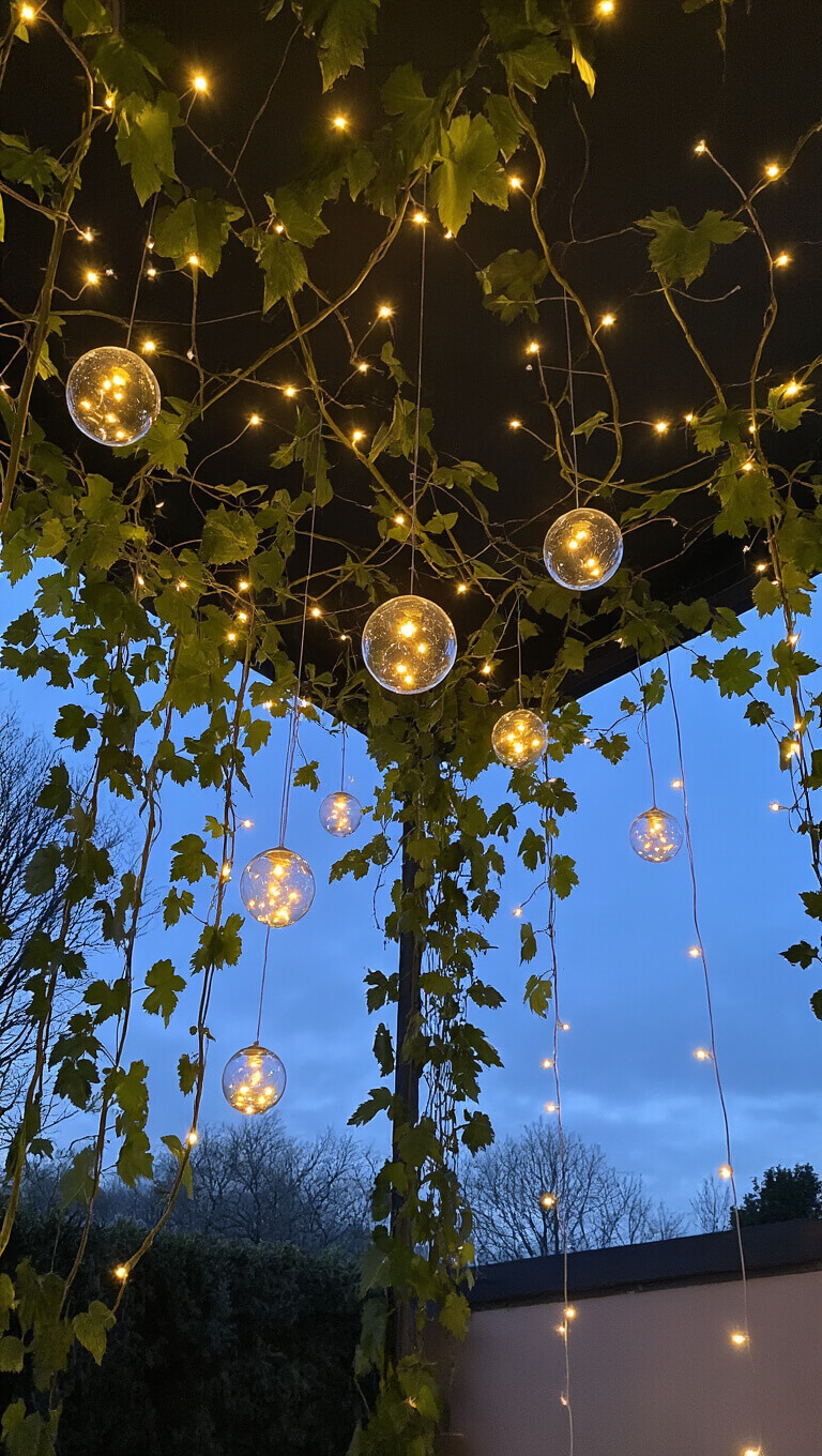 Twilight view of 10ft ceiling garden with grape vines, fairy lights, and suspended glass orbs glowing with LED tea lights.