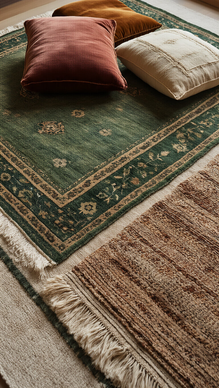 Layered forest-toned rugs with scattered textured floor cushions in natural afternoon light.