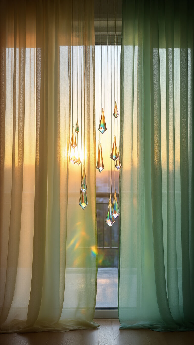 Sunset-lit floor-to-ceiling window with sheer green gradient curtains and crystal prisms casting rainbows.