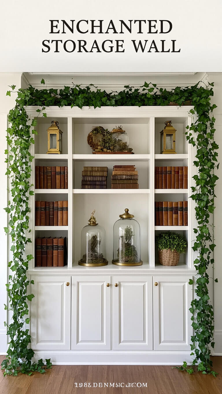 Built-in bookshelf with vintage lanterns, stacked leather books, glass cloches, and trailing ivy in morning light.