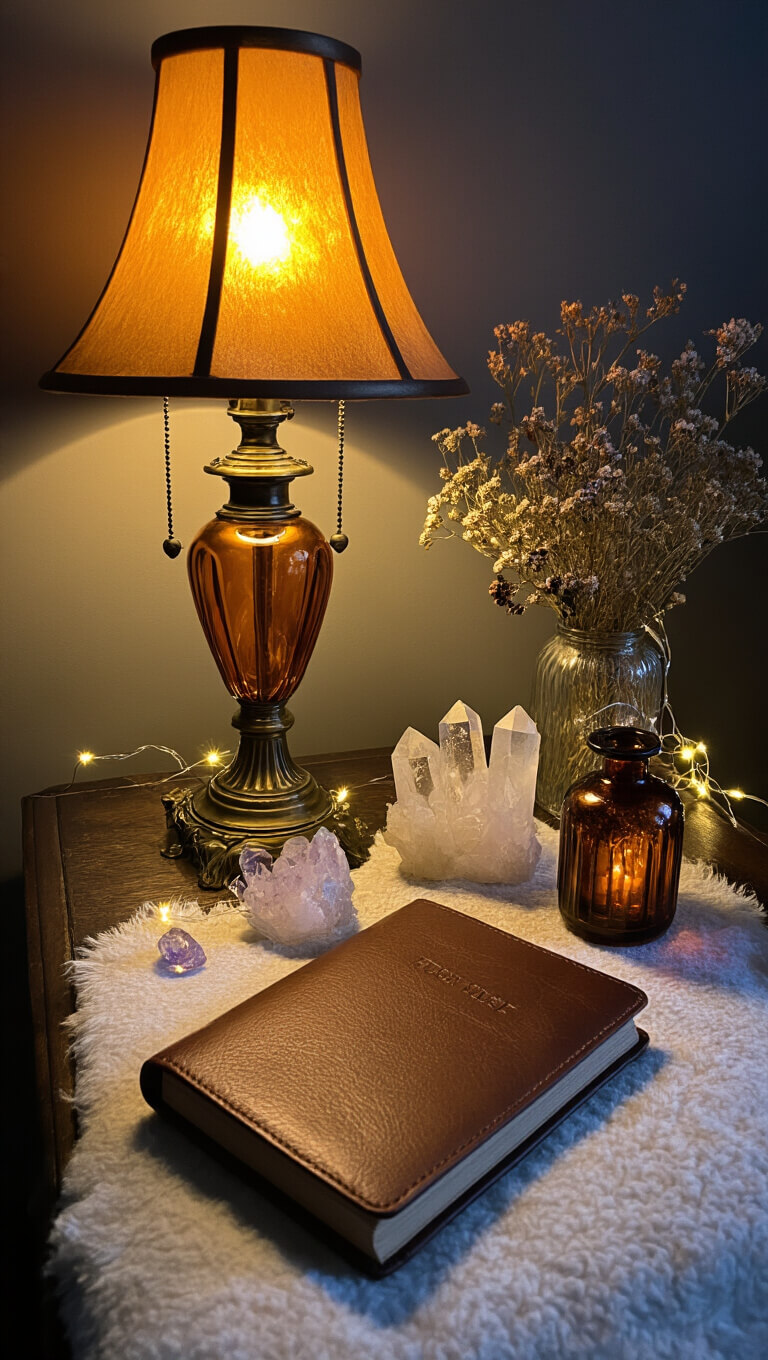 Magical bedside scene with antique brass lamp, glowing amber shade, crystals, dried flowers, and a leather-bound journal softly lit by fairy lights.