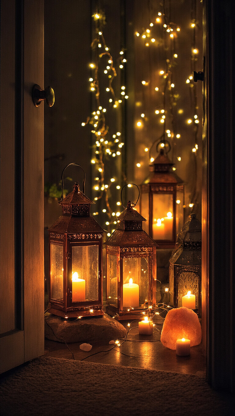 Cozy midnight room aglow with warm light from copper lanterns, salt lamps, fairy lights, and LED candles, viewed from doorway.
