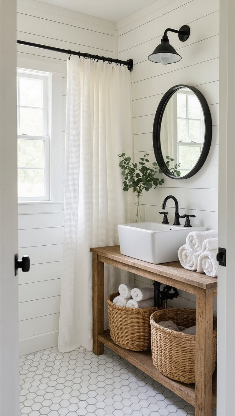 Photorealistic farmhouse bathroom with white shiplap walls, marble hex tile floor, pedestal sink, round black-framed mirror, floating wood shelves with towels, and morning light streaming through frosted window.