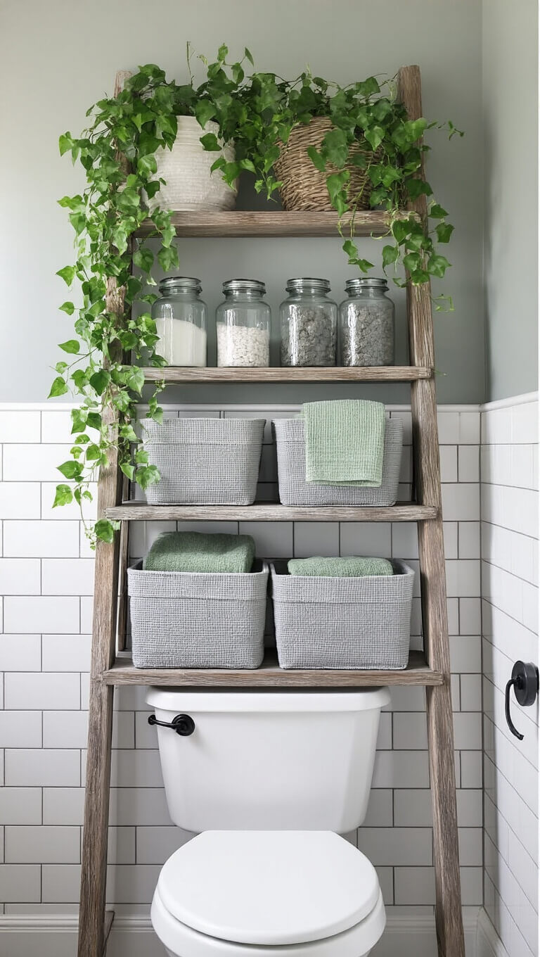 Cozy bathroom corner with wooden ladder shelf over white toilet, styled with grey baskets, glass jars, ivy, and sage towel on black hook against subway tile and grey wall.