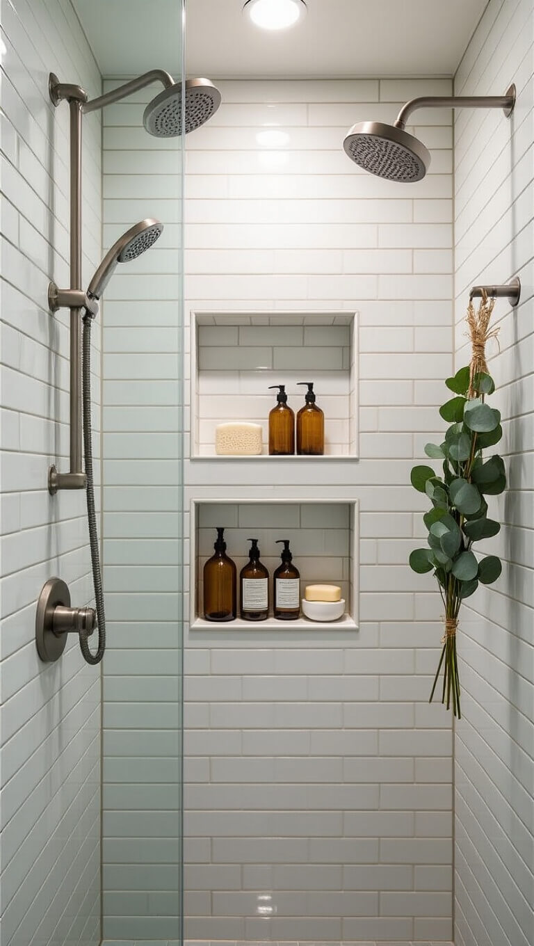 Low-angle view of a serene shower with white subway tiles, brushed nickel fixtures, eucalyptus bundle, and soft ambient lighting amid steam.